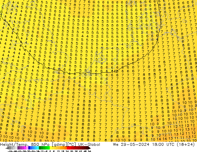 Hoogte/Temp. 850 hPa UK-Global wo 29.05.2024 18 UTC