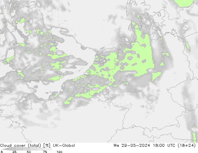 Cloud cover (total) UK-Global We 29.05.2024 18 UTC