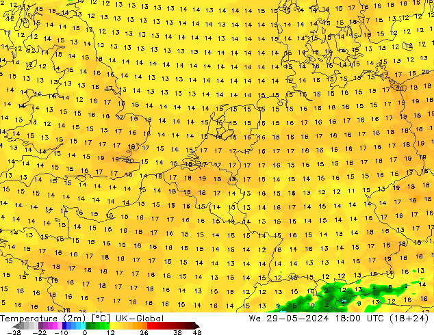 Temperatuurkaart (2m) UK-Global wo 29.05.2024 18 UTC