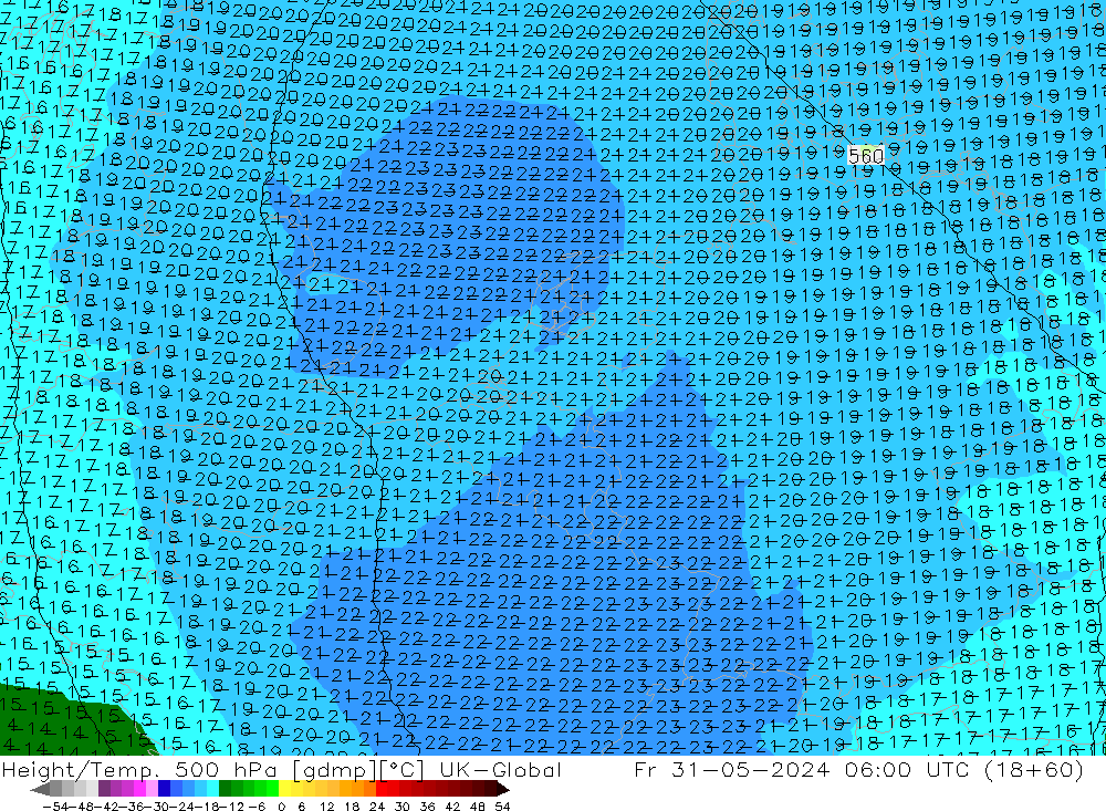 Height/Temp. 500 hPa UK-Global ven 31.05.2024 06 UTC