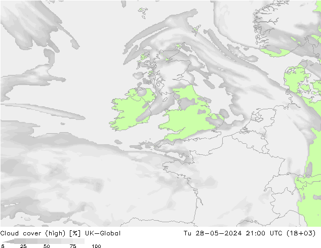 Cloud cover (high) UK-Global Tu 28.05.2024 21 UTC