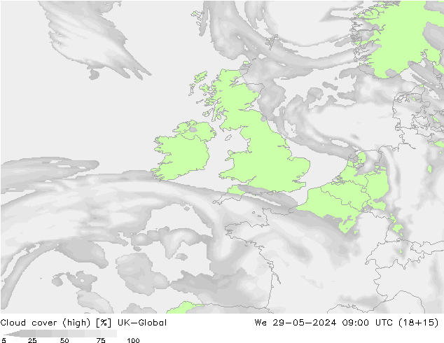 Cloud cover (high) UK-Global We 29.05.2024 09 UTC