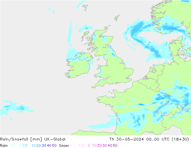 Rain/Snowfall UK-Global Čt 30.05.2024 00 UTC