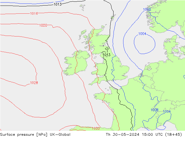 Surface pressure UK-Global Th 30.05.2024 15 UTC