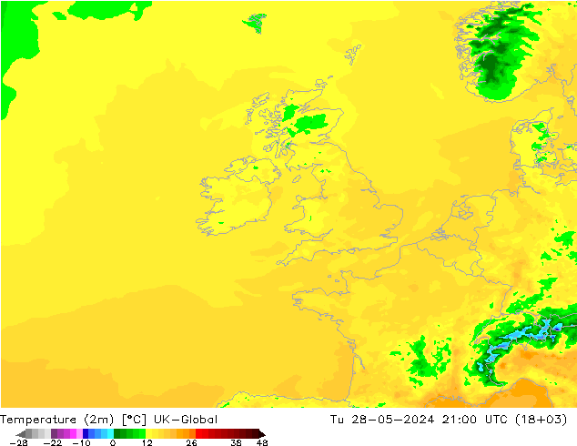Temperatuurkaart (2m) UK-Global di 28.05.2024 21 UTC