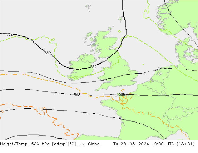 Height/Temp. 500 hPa UK-Global Út 28.05.2024 19 UTC