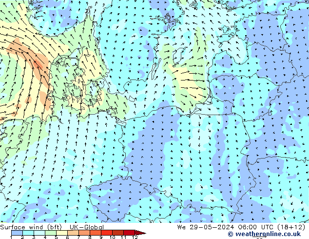 Surface wind (bft) UK-Global We 29.05.2024 06 UTC