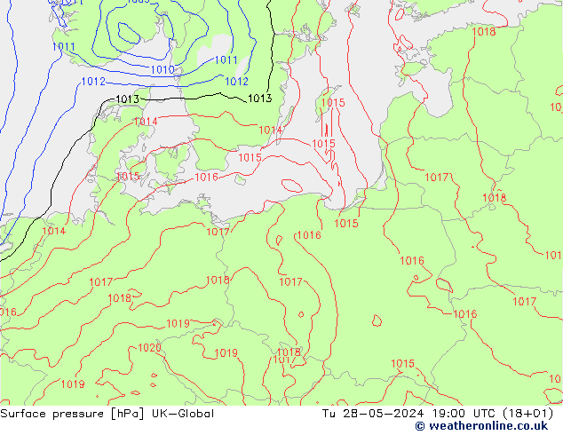 Surface pressure UK-Global Tu 28.05.2024 19 UTC