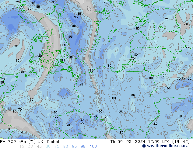 Humidité rel. 700 hPa UK-Global jeu 30.05.2024 12 UTC