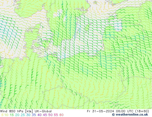 Wind 850 hPa UK-Global Fr 31.05.2024 06 UTC