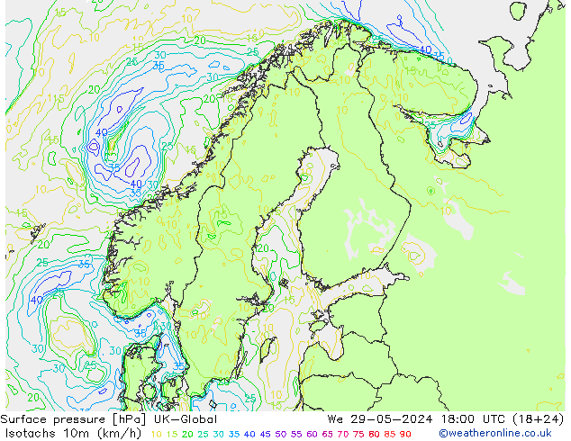 Isotachs (kph) UK-Global mer 29.05.2024 18 UTC