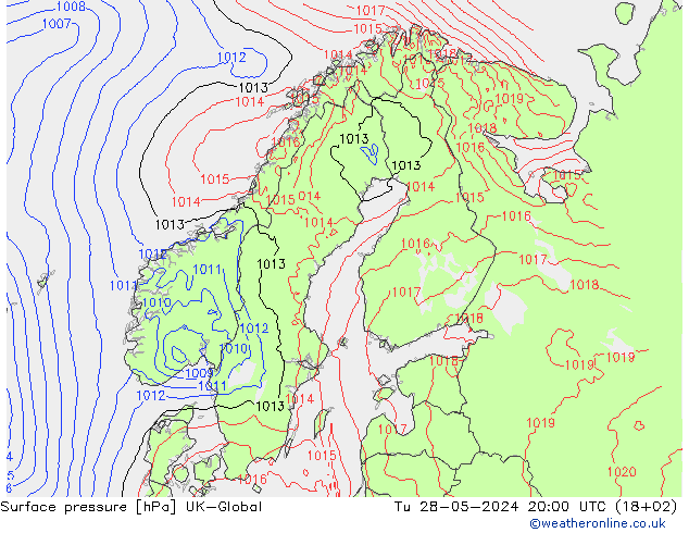 Atmosférický tlak UK-Global Út 28.05.2024 20 UTC