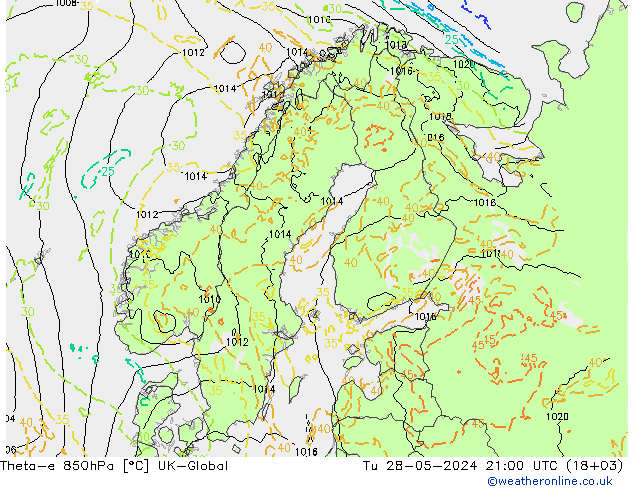 Theta-e 850гПа UK-Global вт 28.05.2024 21 UTC