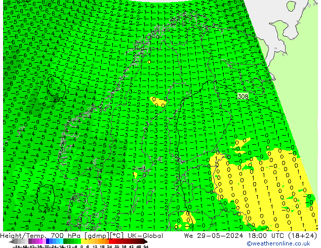 Height/Temp. 700 hPa UK-Global 星期三 29.05.2024 18 UTC