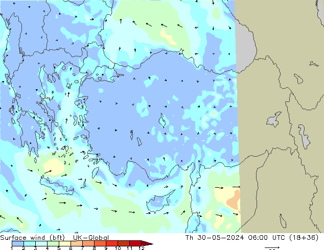 Surface wind (bft) UK-Global Th 30.05.2024 06 UTC