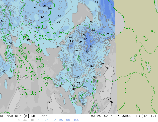 Humidité rel. 850 hPa UK-Global mer 29.05.2024 06 UTC