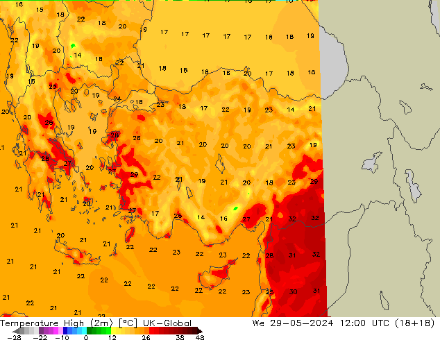 Темпер. макс 2т UK-Global ср 29.05.2024 12 UTC