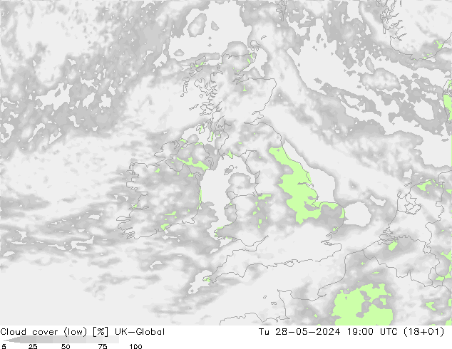 Cloud cover (low) UK-Global Tu 28.05.2024 19 UTC