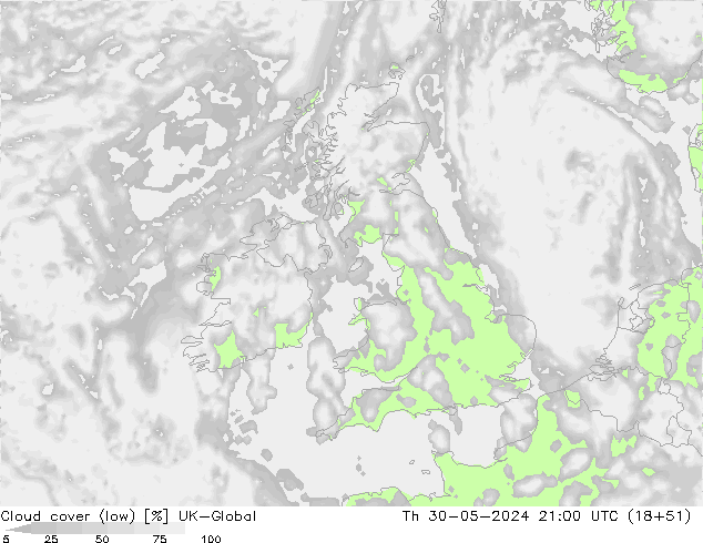 Cloud cover (low) UK-Global Th 30.05.2024 21 UTC