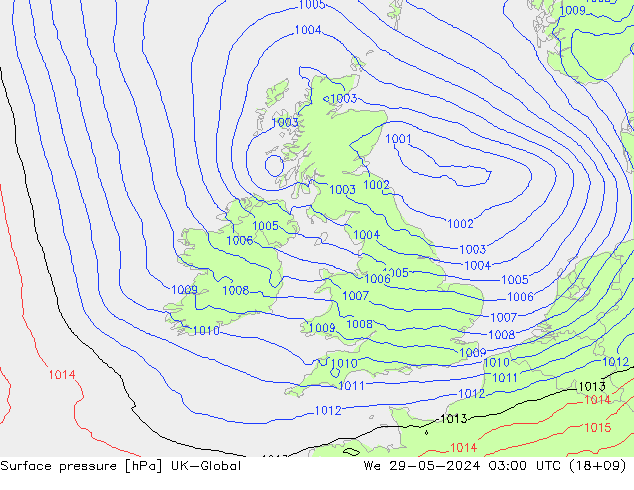 Presión superficial UK-Global mié 29.05.2024 03 UTC