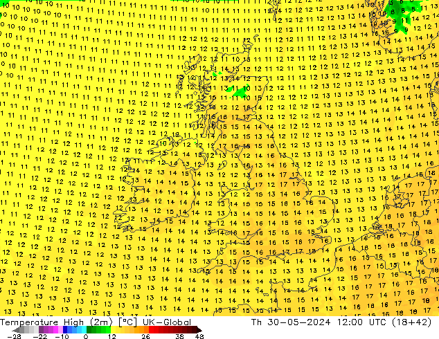 Max.temperatuur (2m) UK-Global do 30.05.2024 12 UTC