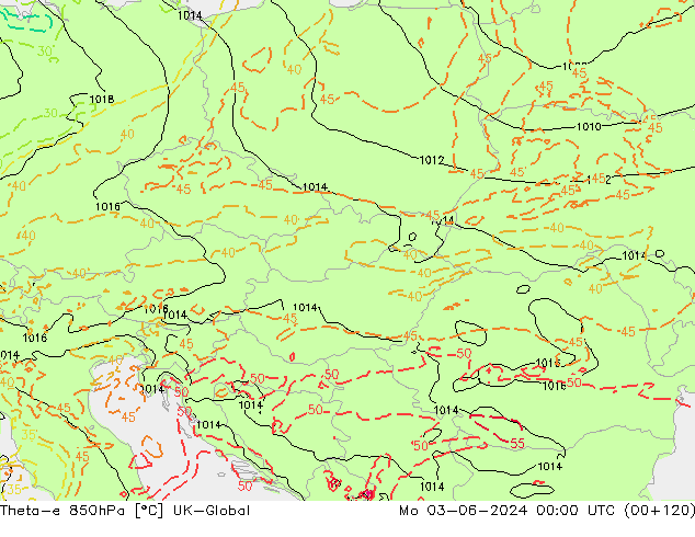 Theta-e 850hPa UK-Global pon. 03.06.2024 00 UTC