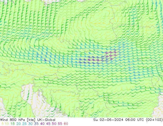 Wind 850 hPa UK-Global zo 02.06.2024 06 UTC