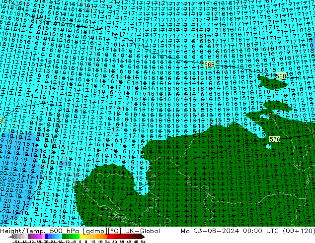 Height/Temp. 500 hPa UK-Global pon. 03.06.2024 00 UTC