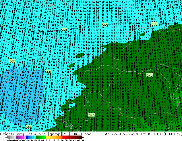 Height/Temp. 500 hPa UK-Global Mo 03.06.2024 12 UTC