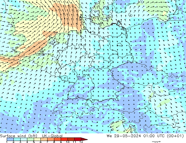 Surface wind (bft) UK-Global We 29.05.2024 01 UTC