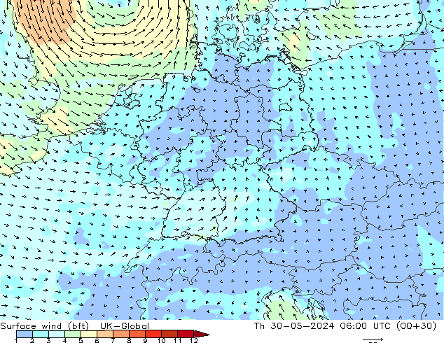Surface wind (bft) UK-Global Čt 30.05.2024 06 UTC