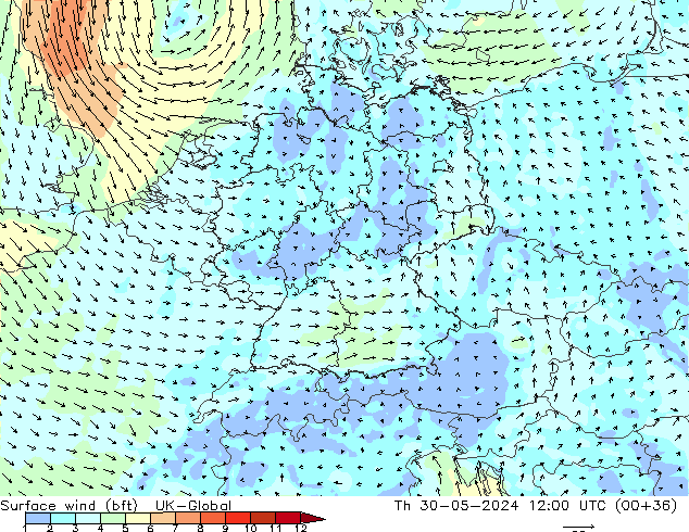 Surface wind (bft) UK-Global Čt 30.05.2024 12 UTC