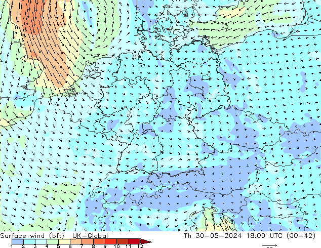 Vento 10 m (bft) UK-Global gio 30.05.2024 18 UTC