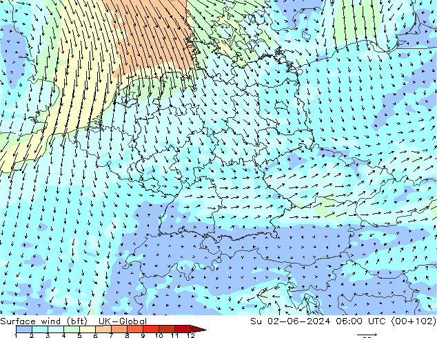 Vent 10 m (bft) UK-Global dim 02.06.2024 06 UTC