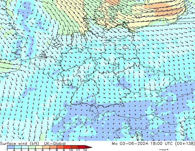 Wind 10 m (bft) UK-Global ma 03.06.2024 18 UTC
