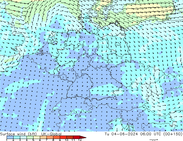 Vento 10 m (bft) UK-Global mar 04.06.2024 06 UTC