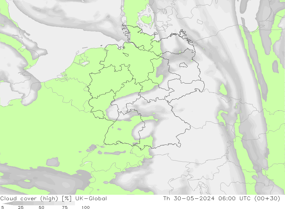 Cloud cover (high) UK-Global Th 30.05.2024 06 UTC