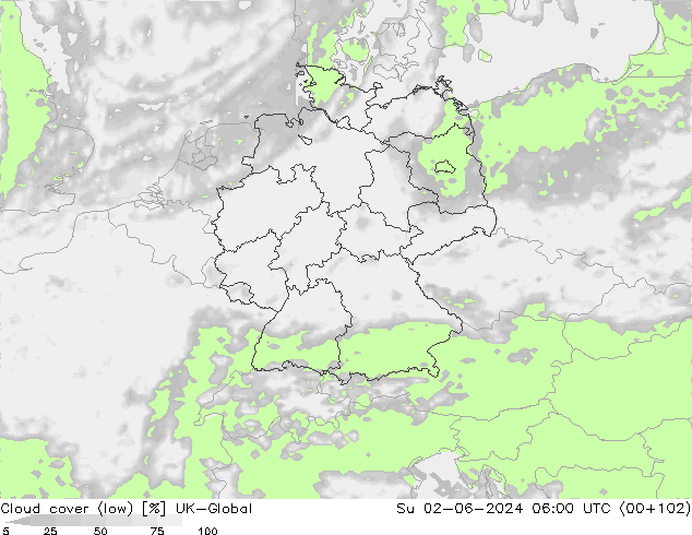 Cloud cover (low) UK-Global Su 02.06.2024 06 UTC