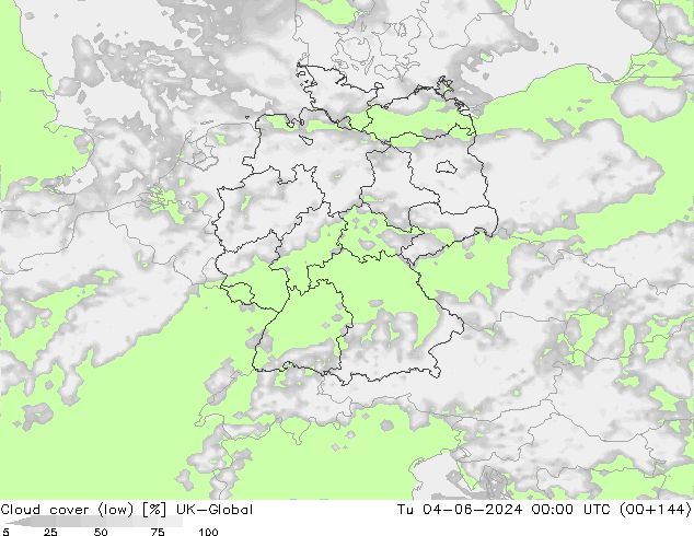 Bewolking (Laag) UK-Global di 04.06.2024 00 UTC