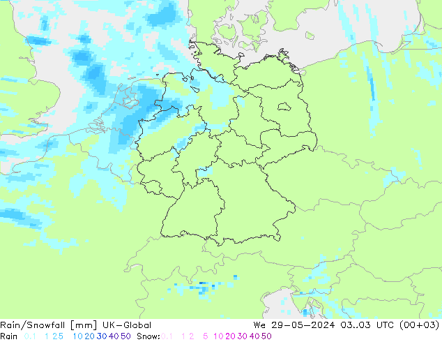 Rain/Snowfall UK-Global mer 29.05.2024 03 UTC