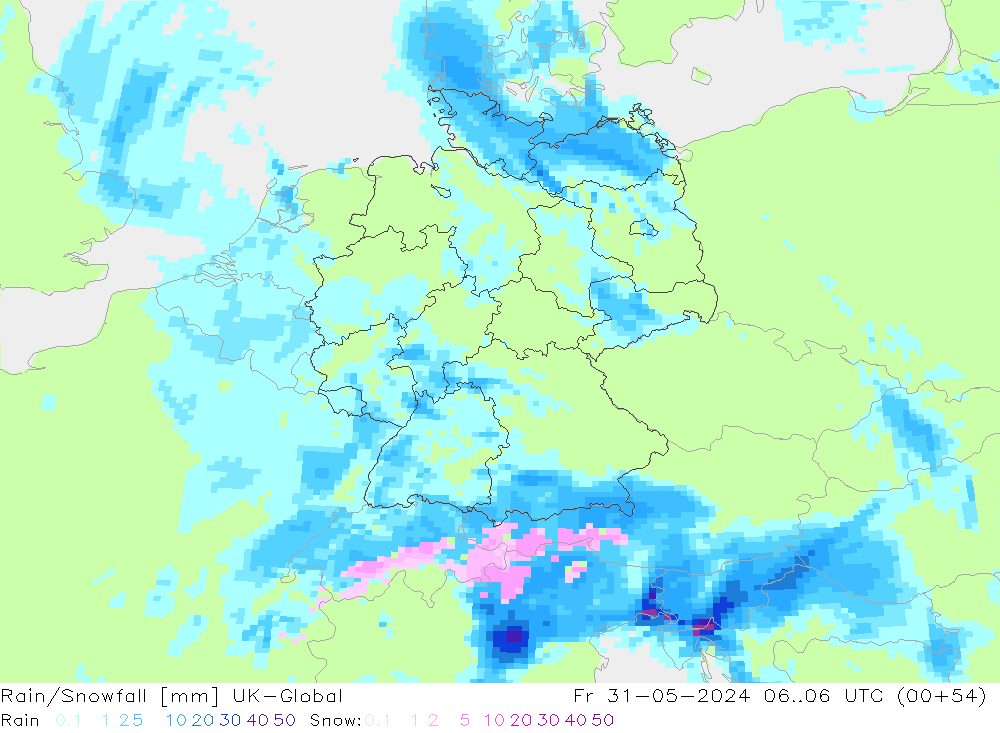 Rain/Snowfall UK-Global  31.05.2024 06 UTC