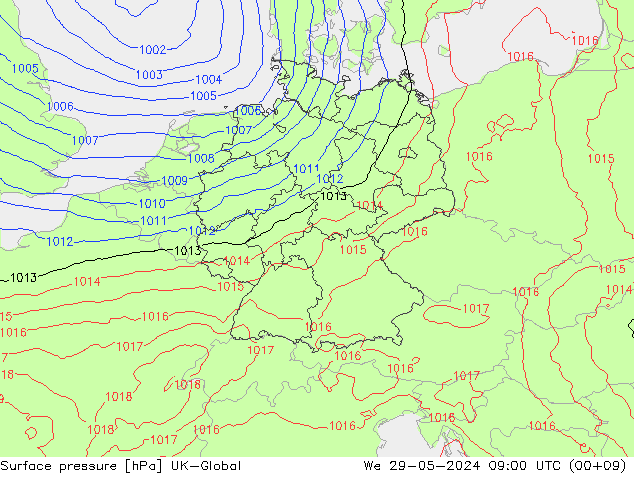 Pressione al suolo UK-Global mer 29.05.2024 09 UTC