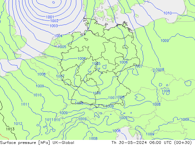 Pressione al suolo UK-Global gio 30.05.2024 06 UTC