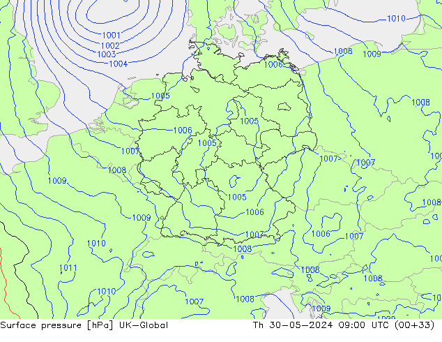 Pressione al suolo UK-Global gio 30.05.2024 09 UTC