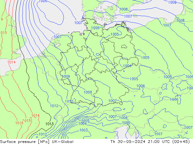 Surface pressure UK-Global Th 30.05.2024 21 UTC