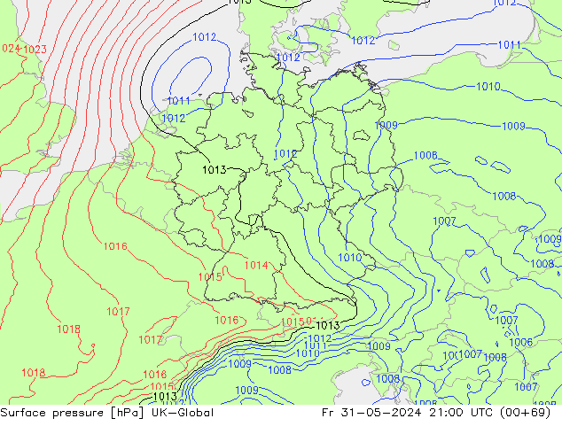 Surface pressure UK-Global Fr 31.05.2024 21 UTC