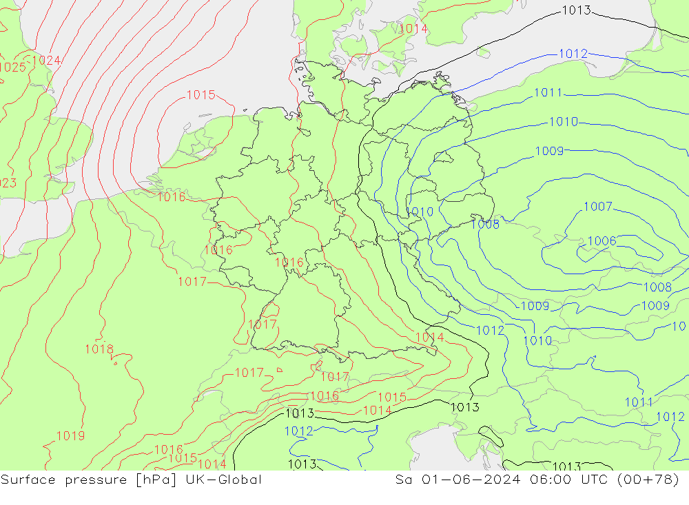 Pressione al suolo UK-Global sab 01.06.2024 06 UTC