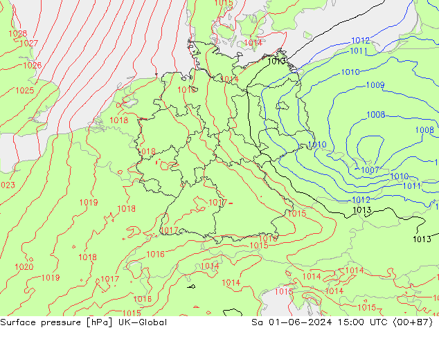 Pressione al suolo UK-Global sab 01.06.2024 15 UTC