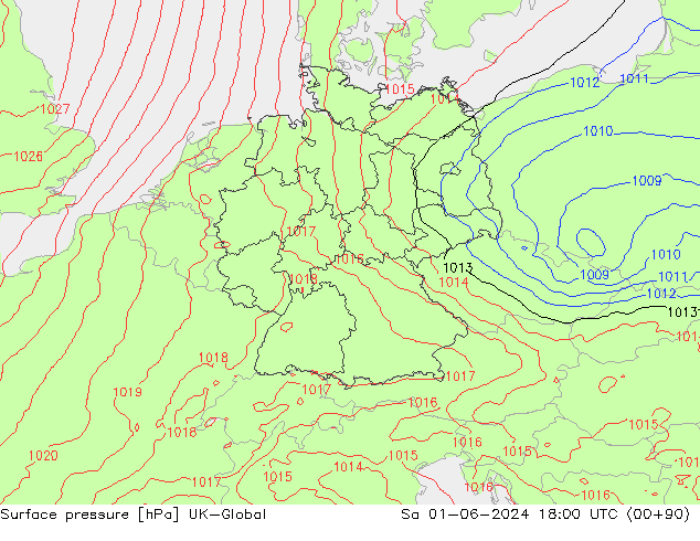 Pressione al suolo UK-Global sab 01.06.2024 18 UTC