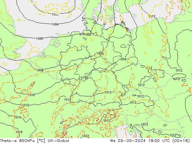 Theta-e 850hPa UK-Global wo 29.05.2024 18 UTC